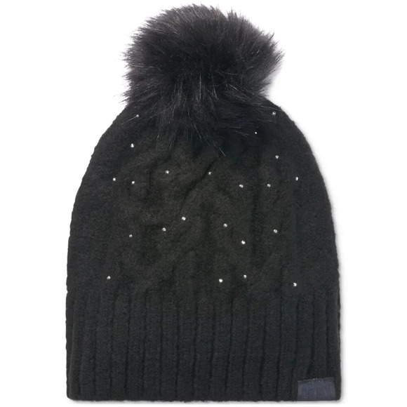 DKNY Women's Studded Cable-Knit Pom Pom Hat, Black, One Size - Picture 1 of 2